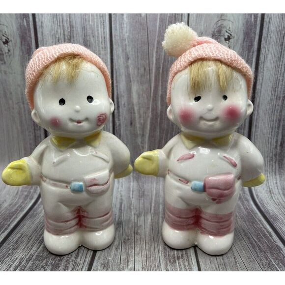2 Vintage Ceramic‎ Toddler/Child Shaped Banks w/Pink Knit Hats VINTAGE Set of 2 - Picture 1 of 8